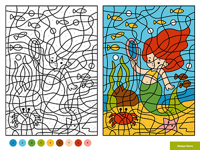 Little Mermaid. Color by number, educational game activity adobe illustrator cartoon character children color by number coloring education fairytale fish for kids illustration kindergarten mermaid ocean page preschool princess sea vector