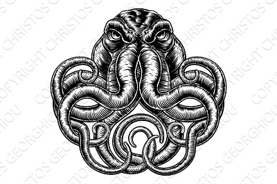 Octopus Vintage Retro Style art black cthulhu drawing giant illustration kraken monster octopus silhouette squid tatoo tattoo tentacle tentacles vector vintage white woodblock woodcut