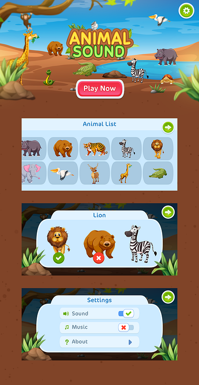 Animal sound art game design mobile ui