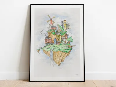 Flying Island Illustration aquarel cloud dhultin flyingisland hills house illustration ink island water windmill