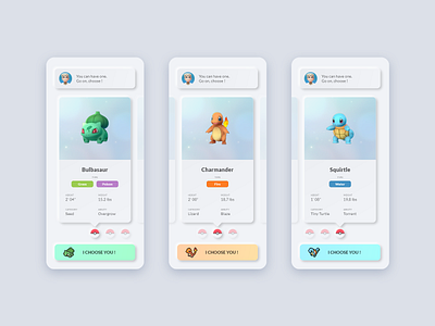 Starter selection adobe xd app neuomorphism pokemon selection skeuomorphism ui