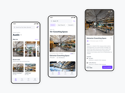 Coworking Space App branding clean coworking design design app mobile purple simple ui uiux ux web wework