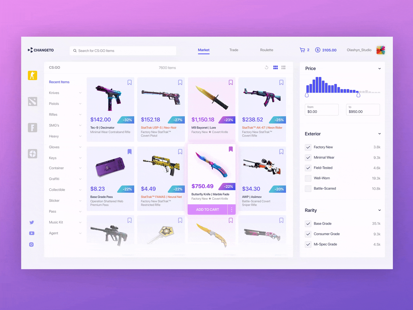 Dashboard CSGO trade platform adobexd animation card design casino crypto csgo desktop design dota figma flatdesign fortnite gambling design game design material trade uidesign uiux webdesign