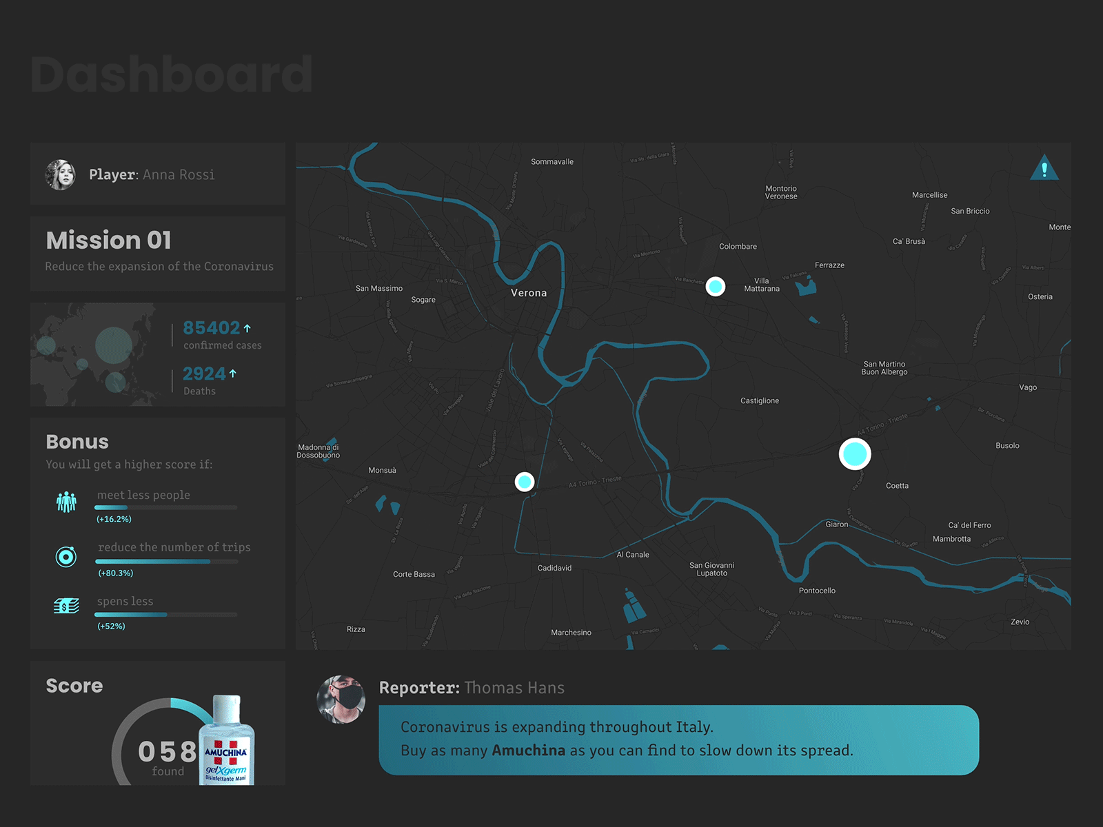 Dashboard: Find Amuchina! amuchina coronavirus dark dark mode dark ui dashboard mission score ui uidesign