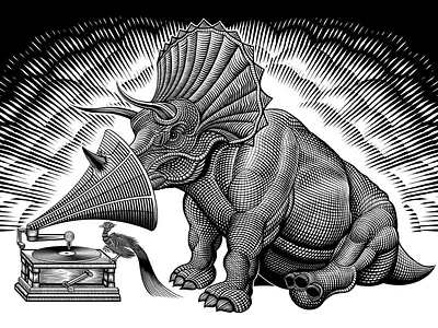 Triceratops and Phonograph black and white crosshatch dinosaur illustration illustrations lizard phonograph record player triceratops vector