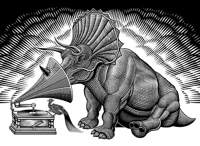 Triceratops and Phonograph black and white crosshatch dinosaur illustration illustrations lizard phonograph record player triceratops vector
