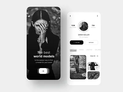 Model's Social Mobile App black white minimalism mobile app mobile app design model modeling models onboarding screen onboarding ui sign in sign up social app social media