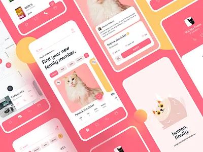 Pet trading application card cat design dog flat icon illustration list pet ui ux