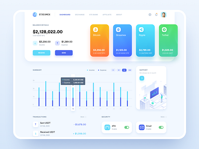 Streamex – Dashboard bank banking bitcoin blockchain btc coins crypto cryptocurrency dashboard exchange market overview platform trading