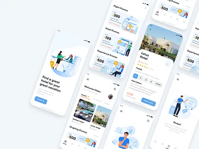 Hotel booking & Ticketing app using Horent Illustration app branding design empty state hotel booking hotel rent illustration onboarding ticketing travelling app ui vector