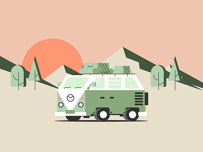 Adventure Time | Simple Animation adventure animation car design driving illustration loop minimal mountain nature pnw simple sunset tree vector vw vw van