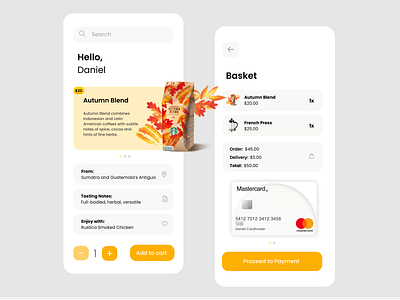 Product Details and Payment app cart checkout clean coffee design e commerce ecommerce minimal mobile orange payment payout product design shop shopping store ui ux