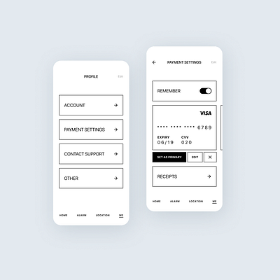 Payment Settings - Minimalist App Concept Design app app design black and white branding clean credit card identity minimal minimalism minimalist minimalist design payment app payment settings profile profile design ui ux