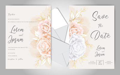 Elegant wedding invitation set template with watercolor roses beautiful bouquet card decoration decorative design elegant floral flower frame greeting illustration invitation invite leaf rose template vector watercolor wedding