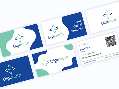 Business Cards blue branding business card green logo qr code waves