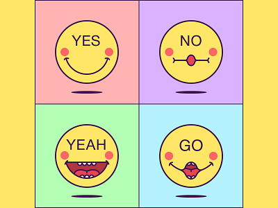 Emoticon Yes, No, Yeah, Go cartoon character communication cute design emoji emoticon emotions faces facial expressions feelings go mood no phrase social media sticker vector graphic vector illustration yeah yes