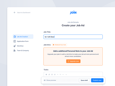 Hiring Platform – Job Ad Creation board creation flow funnel hiring inputs interaction interface intuitive job ad modern clean settings ui ux user interface web app wizard