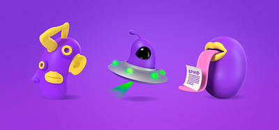 crazy purple raisins characters 3d 3d art abstract alien character cosmos crazy creative digital digitalart flying saucer funny illustration nlo webdesign website