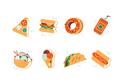 Fast food icons set asian food burger burrito chinese cola design eat fast food flat hot dog ice cream ice cream cone icon illustration lunch pizza soda thai food unhealthy vector