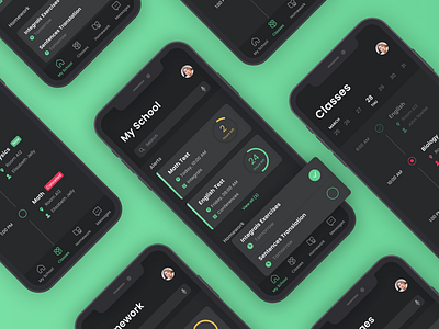 School Management App 📝🏫 app calendar dark dark mode dashboard design flat green iphone list menu mobile profile schedule tag tiles timeline ux ui