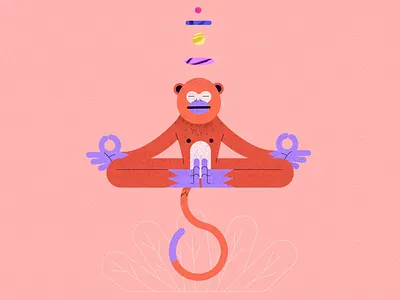 Monkey animal animation character flat illustration meditation monkey motion plant relax stone vector