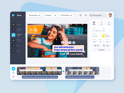 Wave video editor app crop design elegant filters image editor indentity multicolor text editor trim ui ux video app video editor web application webapp