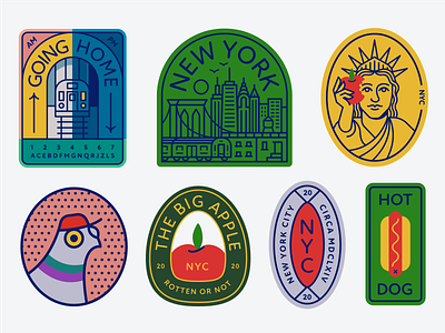 Pigeon City Pt. II apple badge bridge brooklyn buildings city design enamelpin food hot dog icon icons illustration logo nyc patch statue of liberty subway