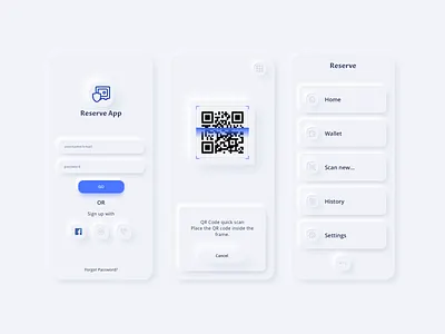 Welcome Reserve App UI Kit app card design financial fintech login menu mobile neumorphic payment qr code scan sketch skeumorphic text input ui kit vector wallet white