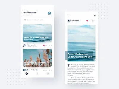 Article app article blue blue and white clean color comment like mobile search ui