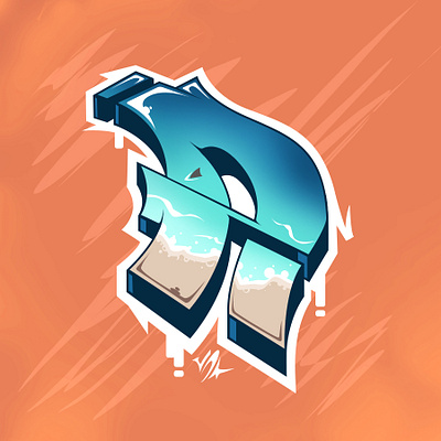 Letter R beach graffiti illustration logo typography vector