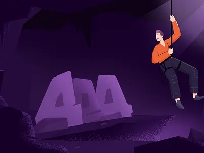 404 2d 404 404 page cave character character art character creation design dribbbleweeklywarmup flat illustration mountain rope stone vector