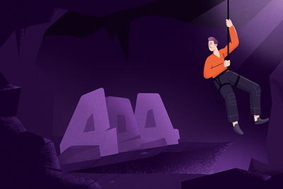 404 2d 404 404 page cave character character art character creation design dribbbleweeklywarmup flat illustration mountain rope stone vector