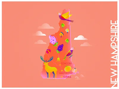 A state a day. #45 - New Hampshire animals art bold color bright color color palette color study design flat gradient illustration infographic map new hampshire noise orange poster states texture usa vector