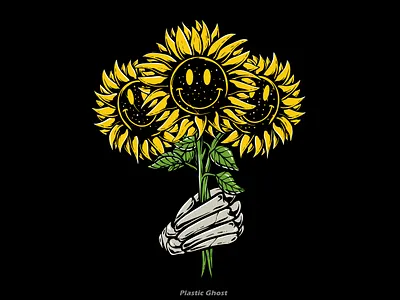 smileflower apparel design artwear cartoon dead design for sale emoji emoticon hands illustration skeleton skull smile smiley streetwear sunflower tshirt design