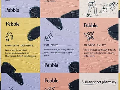 Pebble ad brand brand identity branding brass hands cat d2c direct to consumer dog icon icons illustration logo packaging pet pills supplement typography website