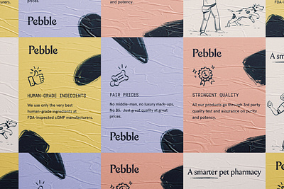 Pebble ad brand brand identity branding brass hands cat d2c direct to consumer dog icon icons illustration logo packaging pet pills supplement typography website