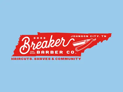 Breaker Barber Co. Logo Concept barber barbershop logo blue community haircuts red shaves stars straight razor tennessee