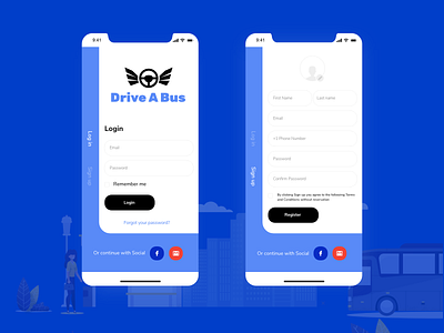 Drive a Bus app login & Signup branding flat identity illustration logo logo design typography ui design vector website