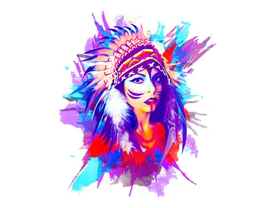 Portrait of young girl in costume native American Indian background design illustrator native american portrait portrait painting poster t shirt t shirt art t shirt design t shirt designer tshirt design vector watercolor art watercolor illustration young girl