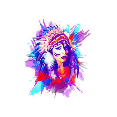 Portrait of young girl in costume native American Indian background design illustrator native american portrait portrait painting poster t shirt t shirt art t shirt design t shirt designer tshirt design vector watercolor art watercolor illustration young girl