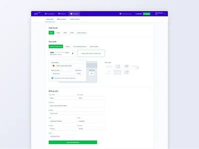 Advertiser Dashboard. Finance page amount billing finance pay payment