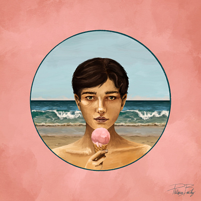 Day at the Beach beach illustration calm coastal life digital illustration ice cream nostalgic feel painterly style pink procreate illustration seaside semi realistic illustration serenity waves woman