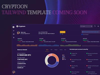 Cryptoon - Tailwind CSS Dashboard admintemplate bitcoin blockchain crypto cryptodashboard cryptoexchange cryptopayments cryptotrading cryptoui cryptowallet css digitalfinance finance fintech graphic design responsivedesign tailwind tailwindcss trading webapp