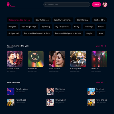 Music application application dark darkapp darktheme darkui dashboard design music musicapp musicapplication song tunes typography ui uiux