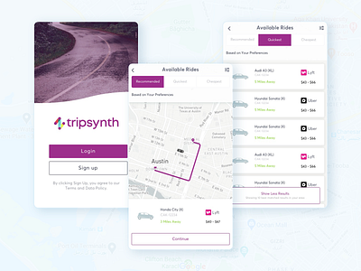 TripSynth ( UBER & LYFT ) Joint Venture Concept app brand concept design designs flat joint venture lyft minimal mobile app mobile app concept mobile design mobility purple app trip synth tripsynth uber ui ux