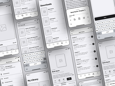 Audiobooks App Wireframes app app design application audiobooks bookmarks books flat design ios light theme minimalism mobile app design product design promo screens ui ui design ux ux design wireframes work in progress