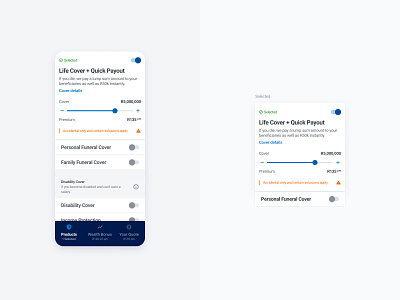 Product Cards Exploration - Open and Closed States card ui clean closed state component design system exploration financial services fintech insurance light mobile onboarding open state product cards product design quote sticky footer tabs ui ux