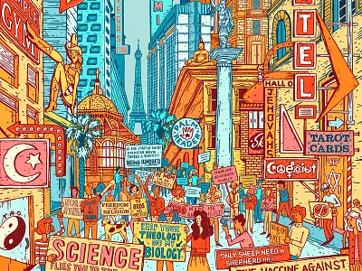 Being Modern atheist bright buildings character characterdesign city cityscape drawing graphic illustration palm reader people perspective protest tarot texture