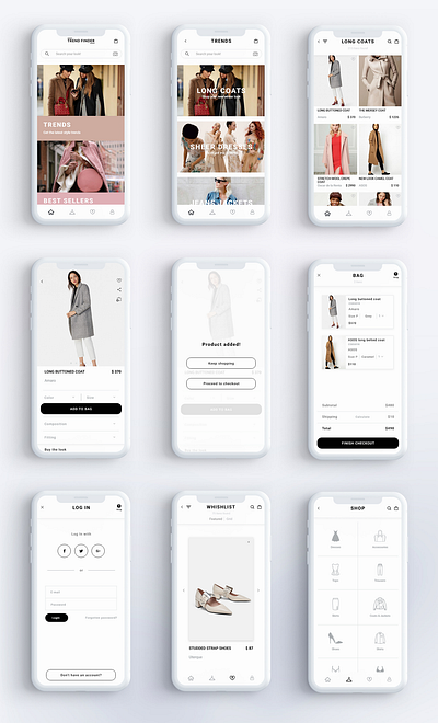 Trend Finder app app ecommerce fashion fashion app marketplace minimal mobile online store screens shopping app ui uiux