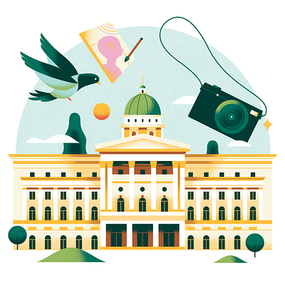 Discover Singapore - National Gallery animal architecture bird bright building camera city editorial flat gradient illustration museum painting pastel pigeon singapore spot texture travel vector